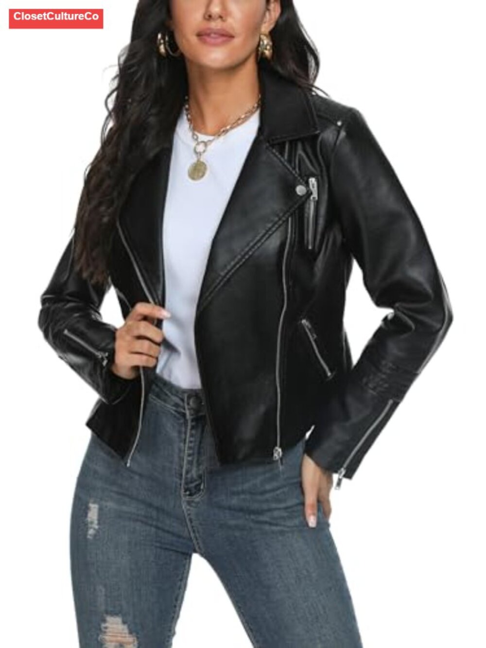Faux Leather Moto Jacket Fitted Wing Collar Aviator Long Sleeve